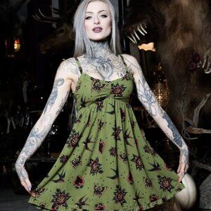 Sourpuss Green Dress with Black and Red Print